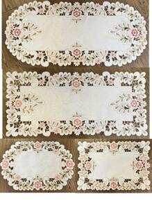1pc Floral Embroidery Cutout Tablecloth & Placemat, Bohemian Style Polyester Embroidered Hand-Crafted Anti-Dust Anti-Scald Table Cover For Dining Table, Coffee Table, Vase, Everyday Decoration, Wedding & Holiday Party - Watermelon Pink - View 1
