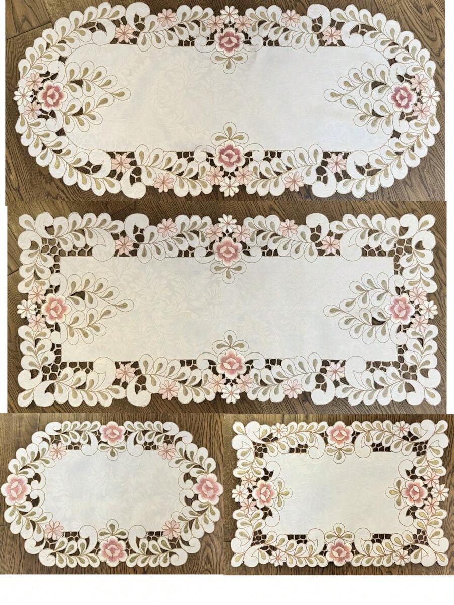 1pc Floral Embroidery Cutout Tablecloth & Placemat, Bohemian Style Polyester Embroidered Hand-Crafted Anti-Dust Anti-Scald Table Cover For Dining Table, Coffee Table, Vase, Everyday Decoration, Wedding & Holiday Party - Watermelon Pink - View 1