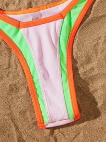 Women's Contrast Color Spaghetti Strap Top And High Cut Bottom Bikini Set, For Summer Beach Vacation - Multicolor - View 5
