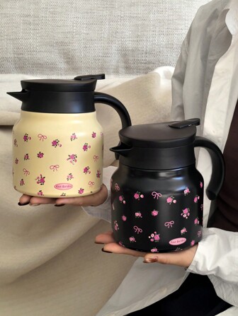 1 pieza Tetera de acero inoxidable aislada de doble pared de 800ml con estampado de rosas y lazos, adecuada para oficina, restaurante, exteriores y como regalo para Navidad, San Valentín, Día de la Madre, Regreso a la Escuela