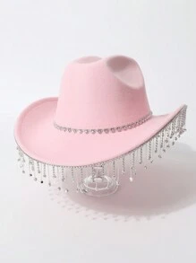 1 peça chapéu de cowboy ocidental com borla de gota d'água e coração de cor sólida, decoração de strass, chapéu de viagem casual, adequado para festa/casamento/performance de palco, presente de dia dos namorados