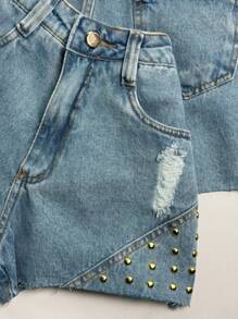 Women's Short Jeans With Rhinestones And Studded Triangle With Pocket - 中等水洗藍 - 查看 3