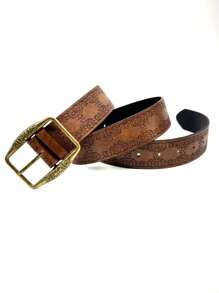 1 Pc Women's Vintage Bronze Alloy Button Printed PU Leather Belt, Suitable For Autumn And Summer With Jeans Summer, School Fall, Autumn, Halloween - Brown - View 4