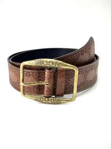 1 Pc Women's Vintage Bronze Alloy Button Printed PU Leather Belt, Suitable For Autumn And Summer With Jeans Summer, School Fall, Autumn, Halloween - Brown - View 5