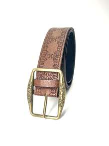 1 Pc Women's Vintage Bronze Alloy Button Printed PU Leather Belt, Suitable For Autumn And Summer With Jeans Summer, School Fall, Autumn, Halloween - Brown - View 7