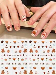 FULL BEAUTY 2 件可爱蝴蝶结熊草莓蛋糕花指甲贴纸情人节庆祝自粘设计闪亮指甲饰品美甲装饰美甲用品指甲 - 彩色 - 查看 2