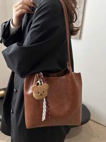 Korean Style College Student New Soft Leather Tote Bag, Large Capacity Fashion Hobo Retro Shoulder Bag, Maillard Style Simple Commuter Underarm Tote Bag Shopping Handbag With Charm Pendant Decoration - Brown - View 8