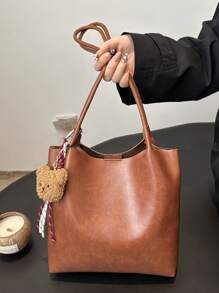 Korean Style College Student New Soft Leather Tote Bag, Large Capacity Fashion Hobo Retro Shoulder Bag, Maillard Style Simple Commuter Underarm Tote Bag Shopping Handbag With Charm Pendant Decoration - Brown - View 4