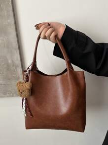 Korean Style College Student New Soft Leather Tote Bag, Large Capacity Fashion Hobo Retro Shoulder Bag, Maillard Style Simple Commuter Underarm Tote Bag Shopping Handbag With Charm Pendant Decoration - Brown - View 3