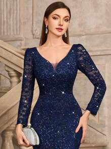 Elisanya Vestido de fiesta de noche de tul con escote en V profundo, manga larga, bajo con cola de sirena y adornos de lentejuelas y encaje floral, vestido de invitada de boda, vestido formal - Azul Marino - Ver 8