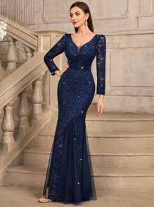 Elisanya Vestido de fiesta de noche de tul con escote en V profundo, manga larga, bajo con cola de sirena y adornos de lentejuelas y encaje floral, vestido de invitada de boda, vestido formal - Azul Marino - Ver 7