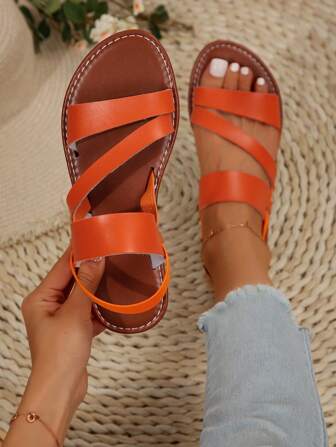 女士夏季时尚休闲舒适平底凉鞋、圆头低跟、沙滩鞋