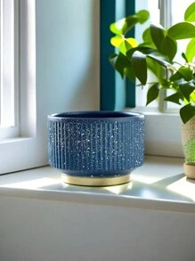 INS Nordic Vertical Striped Ceramic Planter, Lightweight Luxury Minimalist, Green Plant Flower Pot, Large Diameter, Succulent, Philodendron, Rose Decor Flower Pot, Blue & Green