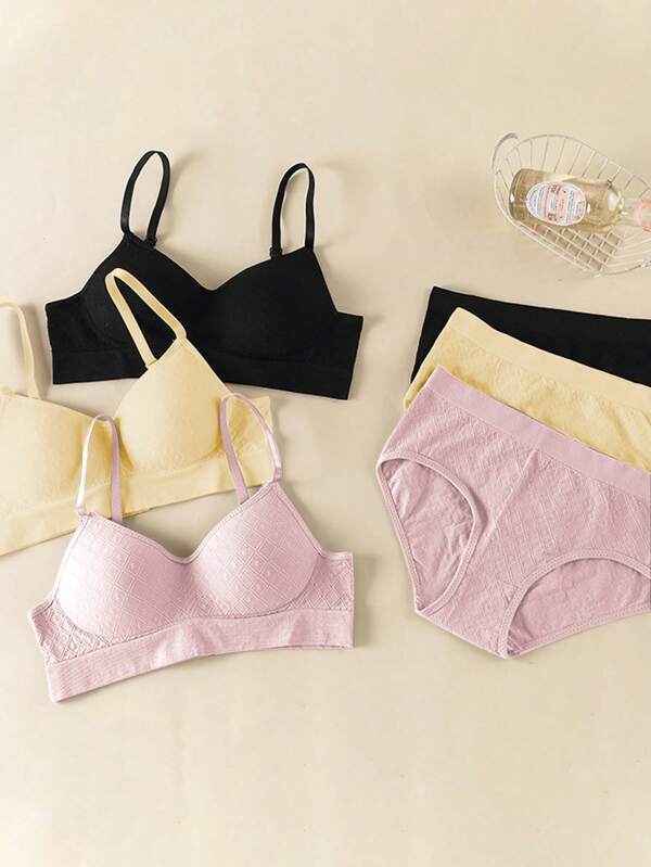 6-teiliges Set Bequeme Lässig Lounge-Wear für Teenager-Mädchen, gerippte Textur, BH ohne Bügel und Hochtaillenhöschen, Mehrfarbige Optionen, nahtloser BH ohne Bügel Wäsche-Set