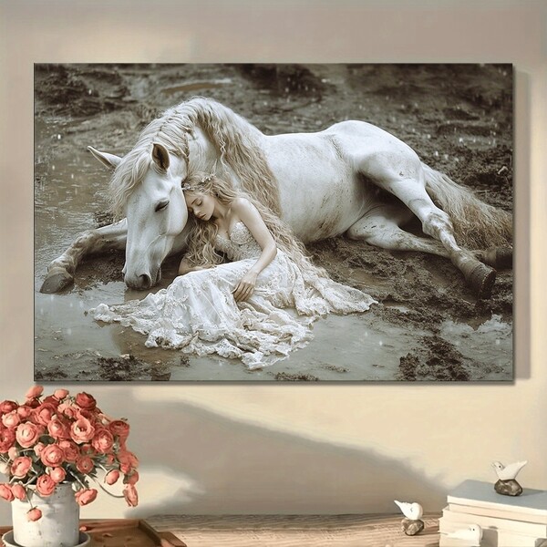 1 Pc Beauty And Unicorn  Wooden Framed  Canvas Painting Thickness 2.25cm/0.9inch High Quality Wall Art Prints Poster Direct Hanging Wall Picture Decor For Home Gifts, Christmas Gift,Living Room, Bathroom, Bedroom, Kitchen