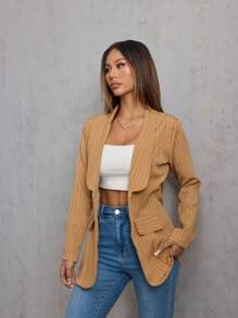 Women's Elegant Lapel Striped Casual Jacket - 米色 - 查看 5