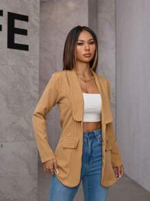 Women's Elegant Lapel Striped Casual Jacket - 米色 - 查看 4