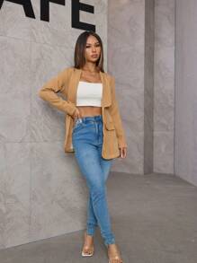Women's Elegant Lapel Striped Casual Jacket - 米色 - 查看 3
