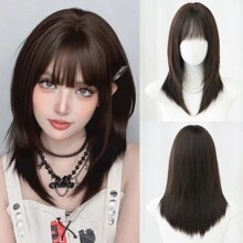 NAMM Peruca de comprimento médio com franja e estilo rabo de lobo de 50 cm (20 polegadas), feita à mão com fibra sintética resistente ao calor de alta densidade, ideal para uso diário, estilo anos 2000 e acessórios de moda urbana. - Preto amarronzado - Ver 12