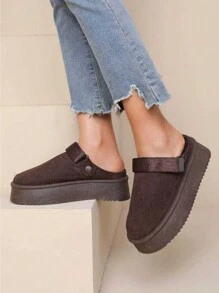 Plus Size Solid Color Plush Lined Thick Sole Indoor Slippers, Autumn/Winter - Coffee Brown - View 1