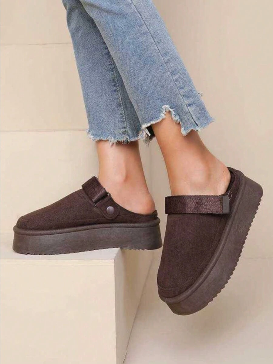 Plus Size Solid Color Plush Lined Thick Sole Indoor Slippers, Autumn/Winter - Coffee Brown - View 1