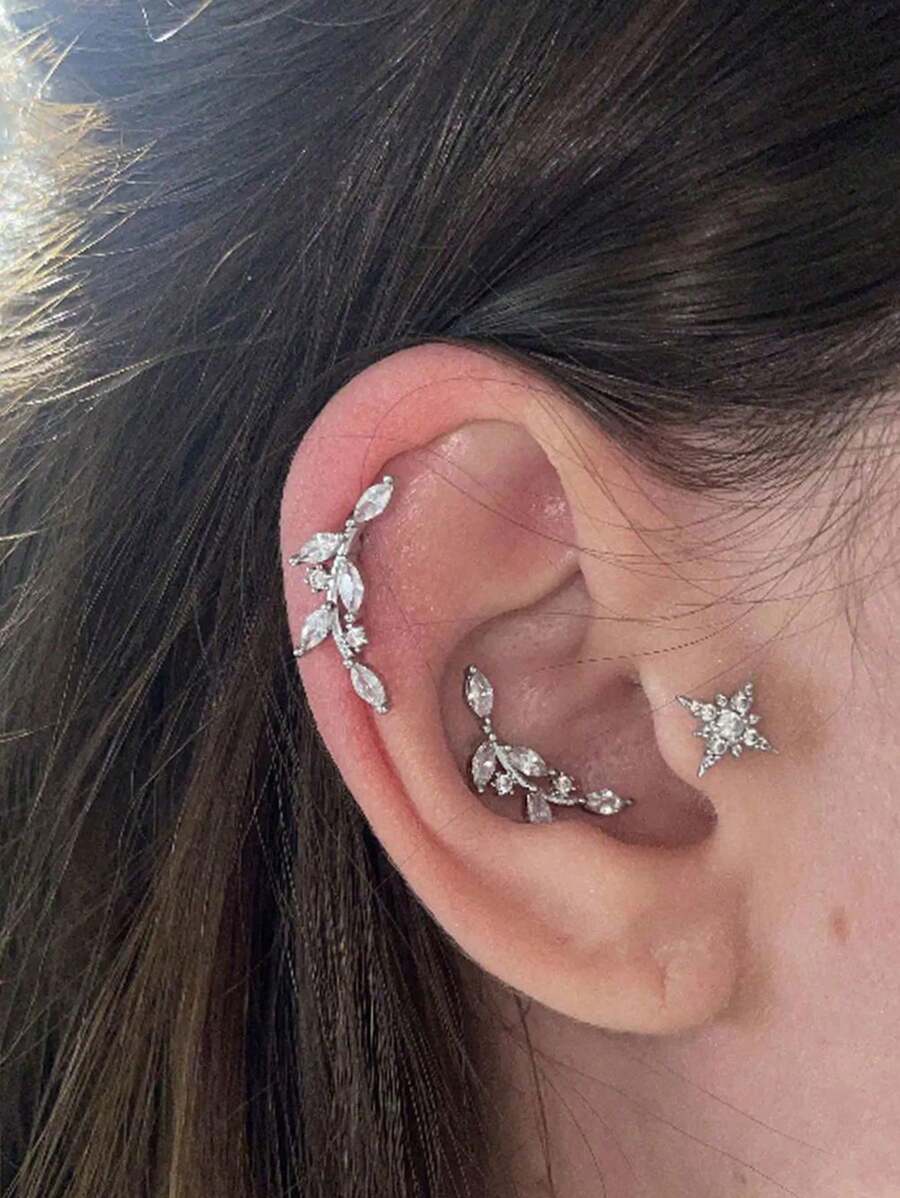 DareSee 1Piece Stainless Steel Crystal CZ Leaf Stud Earring For Women Helix Tragus Conch Lobe Earrings Cartilage Piercing Ear Jewelry 18G Music Fest Y2KFest Back To School Autumn Winter Gifts - A Leaf Earring - View 1