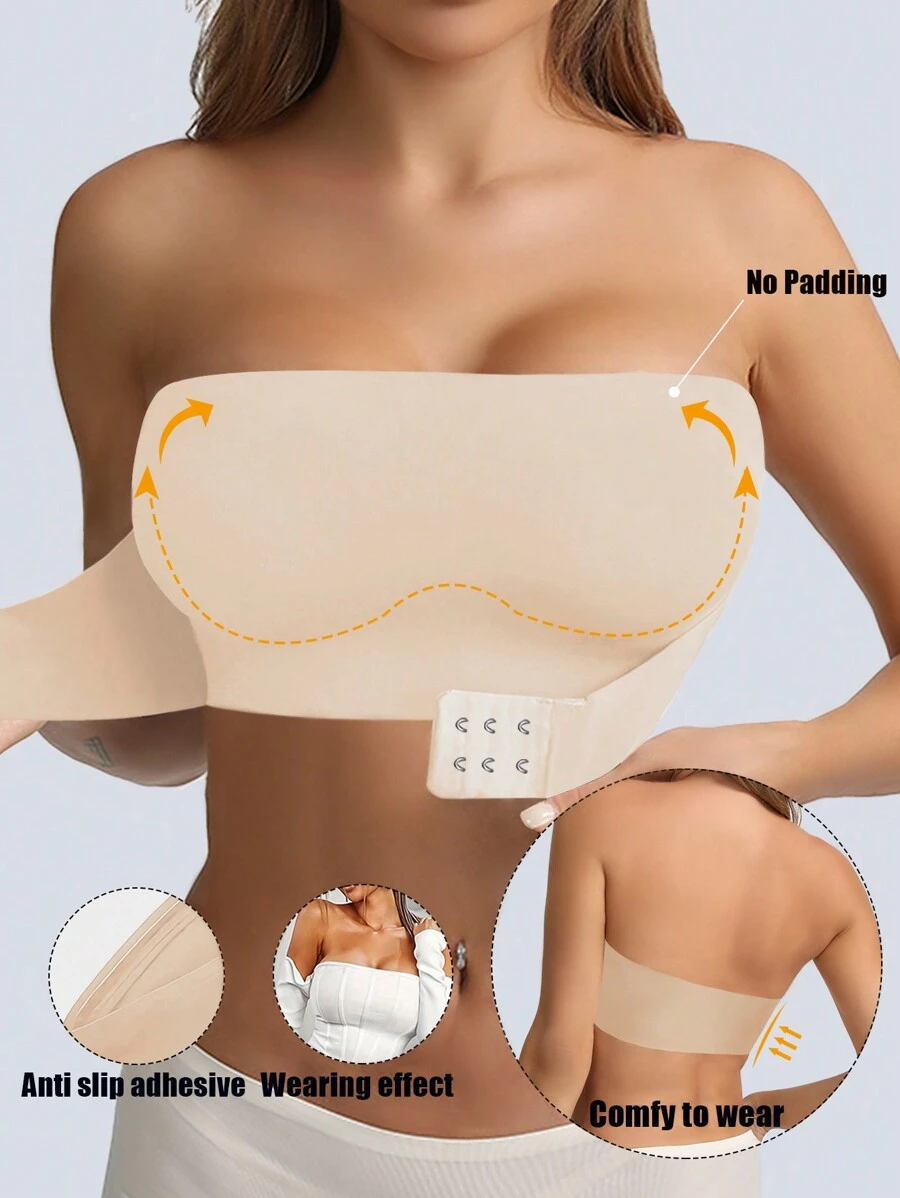 女士前扣无肩带胸罩性感无衬垫无线抹胸无缝聚拢抹胸可调节抹胸防滑硅胶内衣黑色基本款文胸弹力内衣柔软透气面料﻿ - 米色 - 查看 1