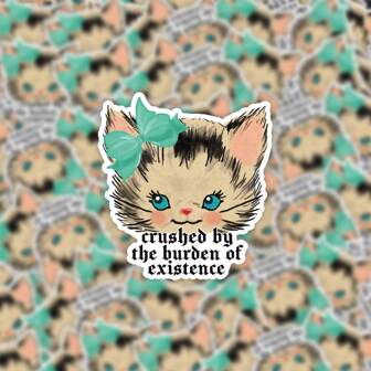 Cute Vintage Cat Stickers, Kawaii Existential Fear Funny Stickers, Existential Pain Gift Stickers For Girls