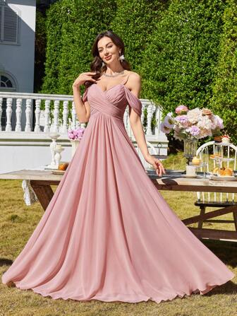 UNITHORSE V 领细肩带露背前褶修身喇叭形伴娘礼服