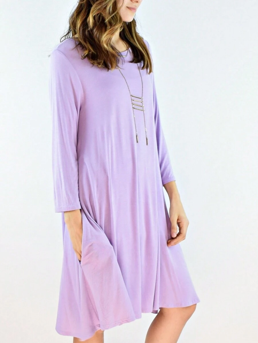 Boho Retro Solid Rayon Cool Color Mini Dress Short Sleeves Grey Charcoal Olive Navy Small To 3XL Plus Curvy - 紫丁香色 - 查看 1