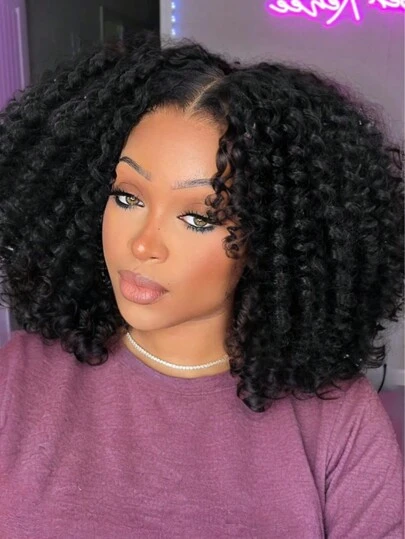 女士蓬蓬卷发假发 短款自然黑色蓬蓬卷发假发 中分 8 英寸合成无胶全头假发 耐热蓬蓬卷发女士假发