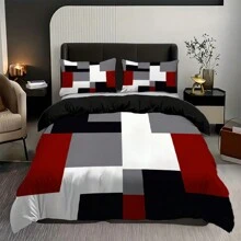 3pcs Red Black And Grey Plaid Pattern Duvet Cover Set (1*Duvet Cover + 2*Pillowcases,Without Core), Fashionable Pattern Bedding Room Decoration, Soft And Comfortable Bedding Set
