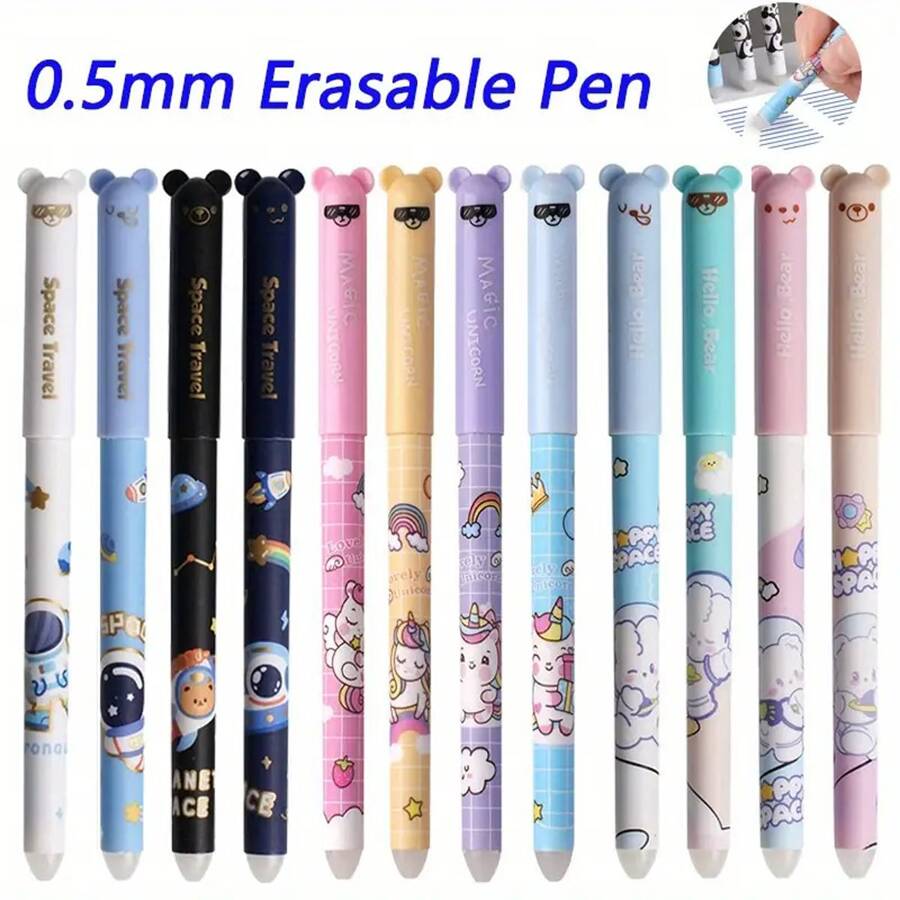 Set di 8 penne cancellabili creative da 0,5 mm con design di astronauta, animale, panda, unicorno, con inchiostro blu, anima cancellabile, manico lavabile, forniture per ufficio e articoli di cartoleria per il ritorno a scuola