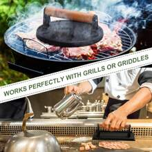 Cast Iron Flat Press Griddle Steak/BBQ Grill Square/Round Striped/Lattice, No Coating With Wooden Handle - Black - View 5