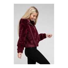 Fluffy Zip-Up Teddy Hoodie - Burgundy - View 11