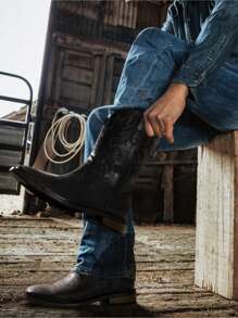 Pasuot Cowboy Boots For Men - Western Men's Boots With Classic Embroidered, Slip On Square Toe Boots, Slip Resistant Country Boots Chunky Heel Ankle, Durable Short Boots For Spring Fall,Black - 黑色 - 查看 3