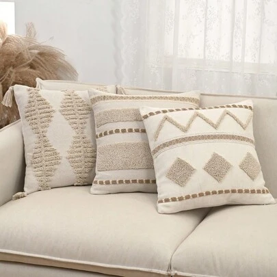 1 件波西米亚风天鹅绒靠垫套（无内芯），摩洛哥风格米色几何流苏抱枕套，复古乡村风格装饰，适合客厅、沙发、卧室