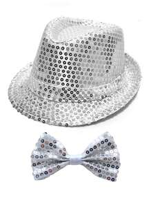 Forever & Moment Ensemble de 2 pièces d'accessoires disco pour femmes des années 1970 : nœud papillon pailleté et brillant, réglable au cou, en couleur unie, et casquette disco étincelante pour le bal des finissants