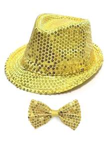 Forever & Moment Ensemble de 2 pièces d'accessoires disco pour femmes des années 1970 : nœud papillon pailleté et brillant, réglable au cou, en couleur unie, et casquette disco étincelante pour le bal des finissants