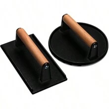 Cast Iron Flat Press Griddle Steak/BBQ Grill Square/Round Striped/Lattice, No Coating With Wooden Handle - Black - View 8