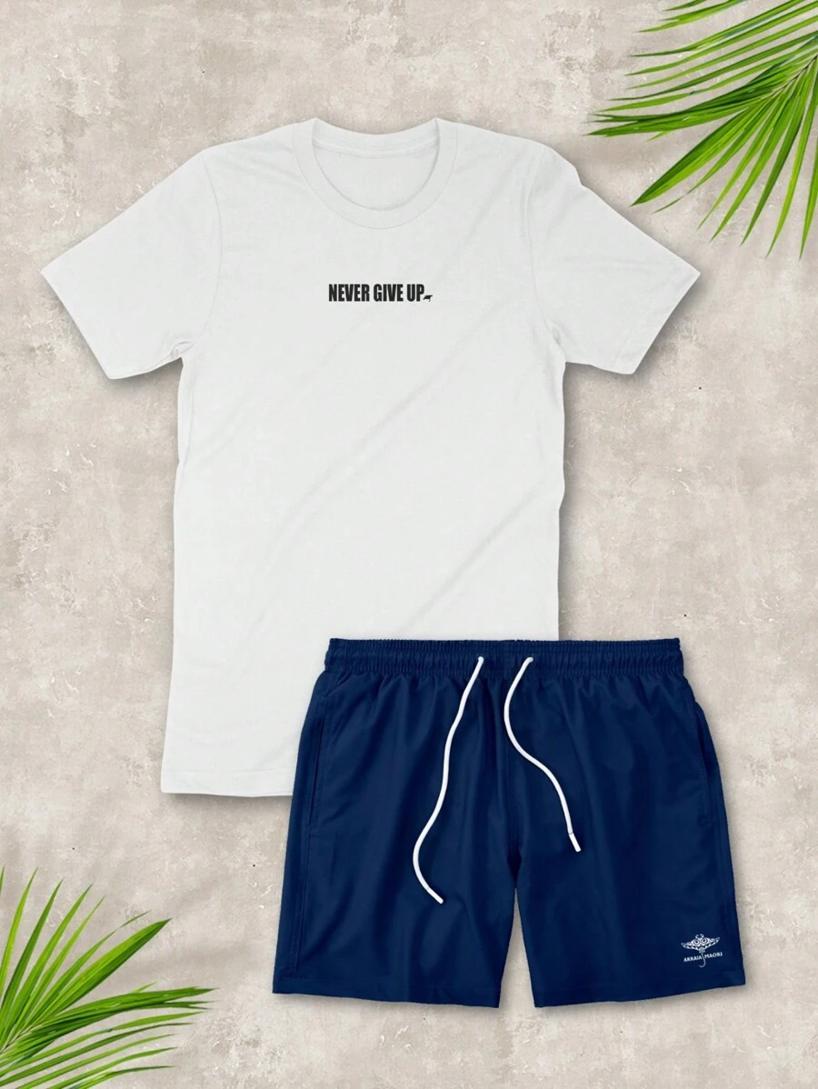 Arraia Maori Men's Set 100% Cotton Printed T-Shirt And Elastane Shorts Gym Casual - 白色/海軍藍 - 查看 1