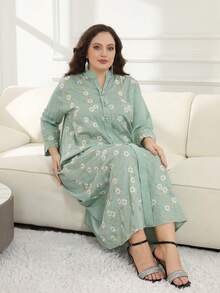 Ramadan Plus Size Women Embroidery Floral Decor V-Neck Dress, Arabic Style JALABIA Closeout, Elegant Dress, Spring/Summer 2025 - Green - View 12