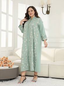 Ramadan Plus Size Women Embroidery Floral Decor V-Neck Dress, Arabic Style JALABIA Closeout, Elegant Dress, Spring/Summer 2025 - Green - View 11