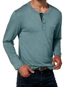 Men's Henley Shirt Lightweight Collarless T-Shirt Quarter Button Pullover Soft Casual Basic T-Shirt With Pockets - 藍色 - 查看 4