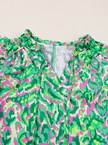 CILKOO Daily Casual Abstract Print Ruffled Trim Tied Split Neck Tank Top