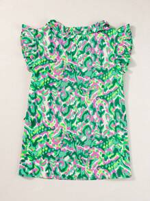 CILKOO Daily Casual Abstract Print Ruffled Trim Tied Split Neck Tank Top