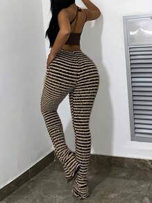 Women's Leggings Women's Layered Striped Plush Knitted Ultra-Long Pants Sexy Women's Clothing - 棕色 - 查看 5