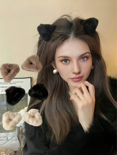 2个可爱毛绒猫耳发夹，女士侧刘海及碎发夹，发爪发饰，情人节发夹，发卡，发夹，发爪夹，秋冬度假装扮，女士情人节礼物