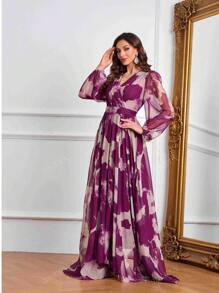 Women's V-Neck Crossed Wrap Elegant Long Sleeve Random Printed Dress