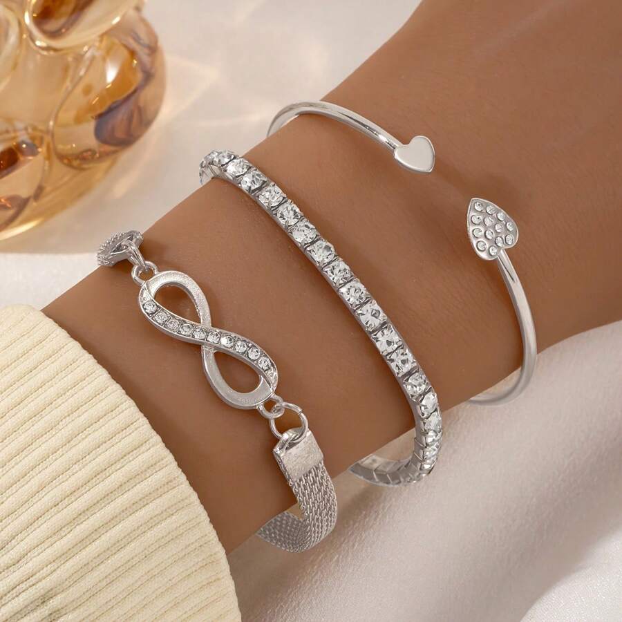 3 peças/Conjunto Pulseira Bracelete com Recorte em Forma de Coração, Design de Sorte Minimalista Vintage
